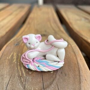Clay White Kitten Figurine Playful Cat Pink Yarn Dollhouse Miniature Polymer